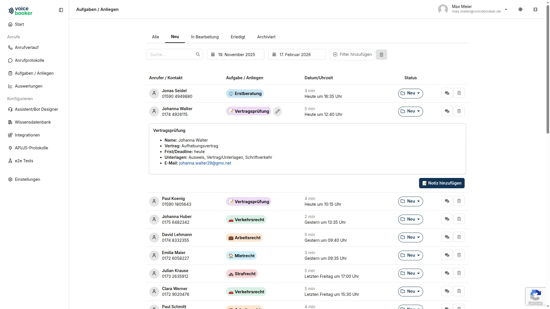Dashboard zur Verfolgung eingehender Aufgaben und Anfragen