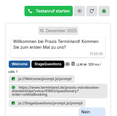 Chat-Fenster zum sofortigen Testen von KI-Assistenten per Sprache oder Chat